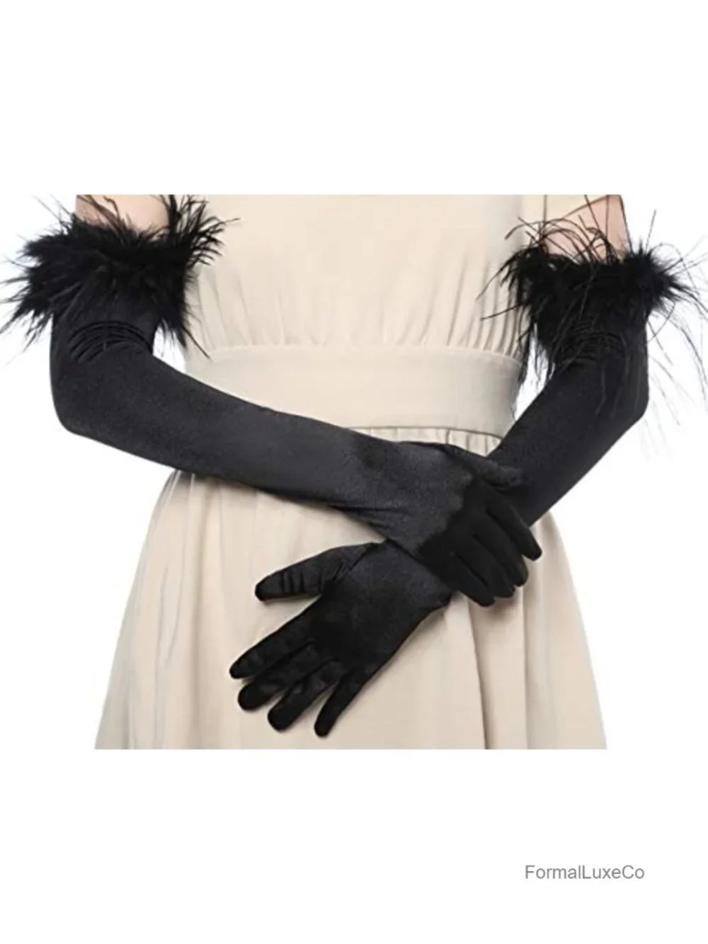 Long Satin Opera Gloves for Women with Ostrich Feather Trim Stretchy